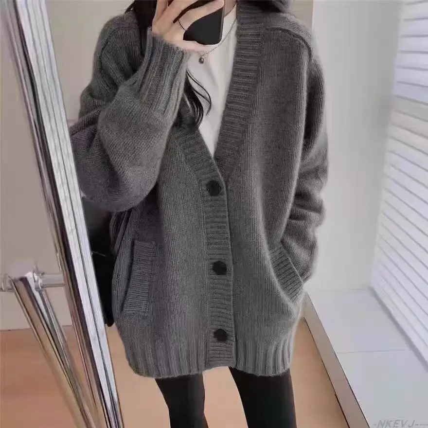 

Autumn Winter V-neck Cardigan For Women 100% Merino Wool Thickened Pure Colors Cashmere Knitted Sweater Female Clothing Tops