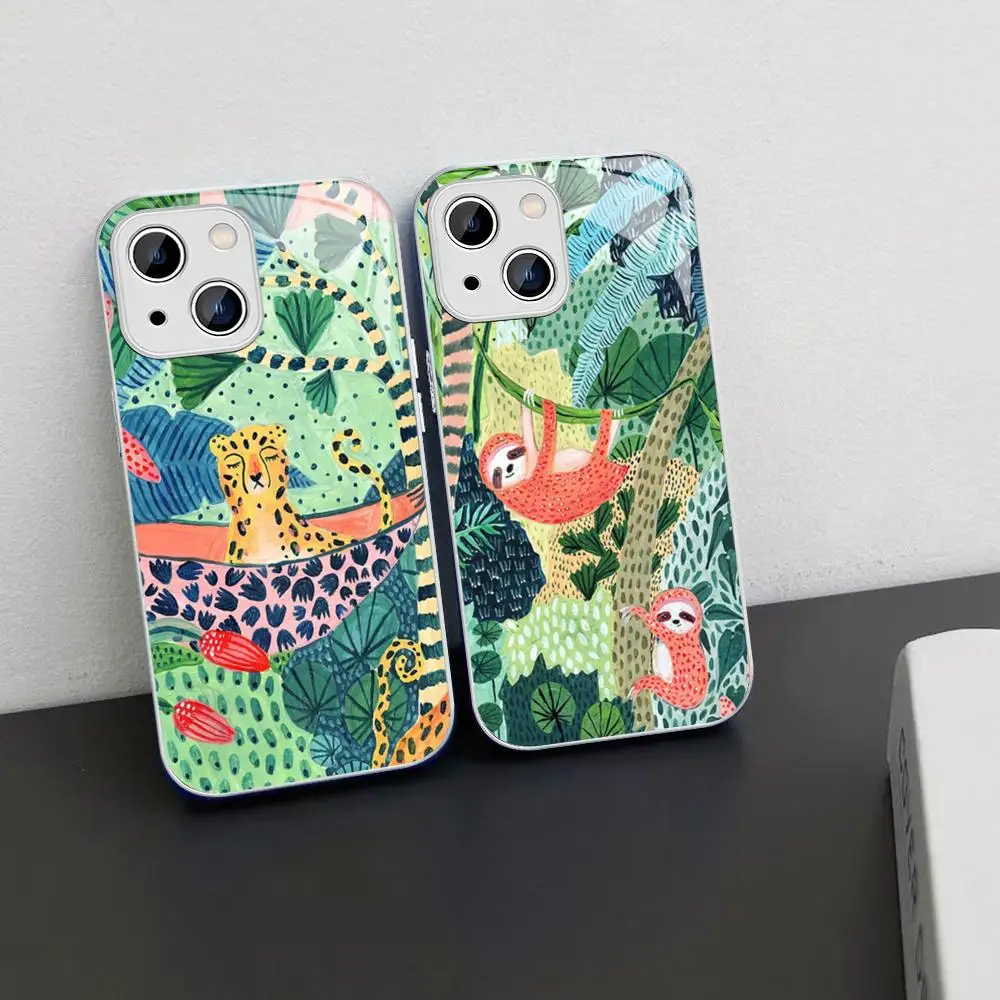 

Cute Cartoon Anime Sloth Leopard Phone Case For iPhone 14 13 12 Mini 11 Pro XS Max X XR 14 Plus Tempered Glass Cover