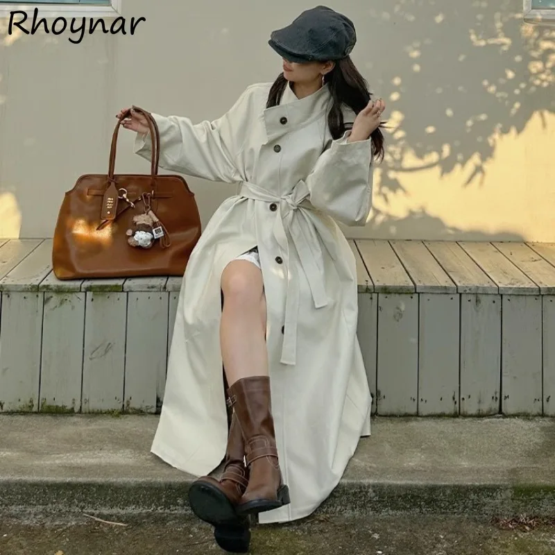 

Beige Trench Women Autumn Solid Simple All-match Graceful Temperament Office Ladies Baggy Cozy Single Breasted Korean Stylish