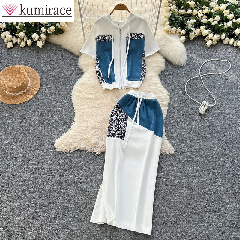 

Pop Set Women's Summer Fashion Leopard Pattern Splicing Hoodie High Waist Split Hip Bag Half Skirt Two Piece Set Short Sets