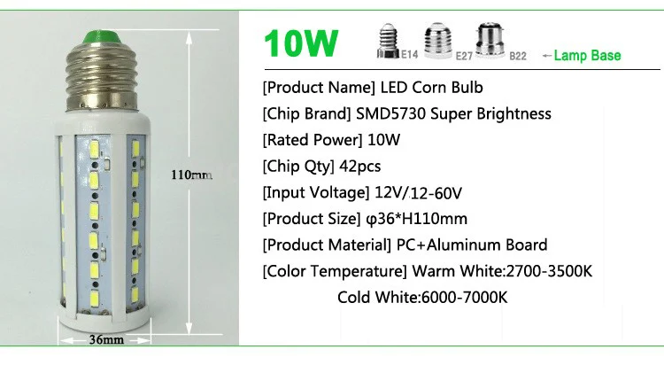 Imagem -06 - Lâmpada Conduzida do Milho 1260v 7w 10w 15w 18w 25w 30 w E27 B22 12v 24v 36v 48v 60v Smd 5730 Branco Morno Fresco 100 Pcs