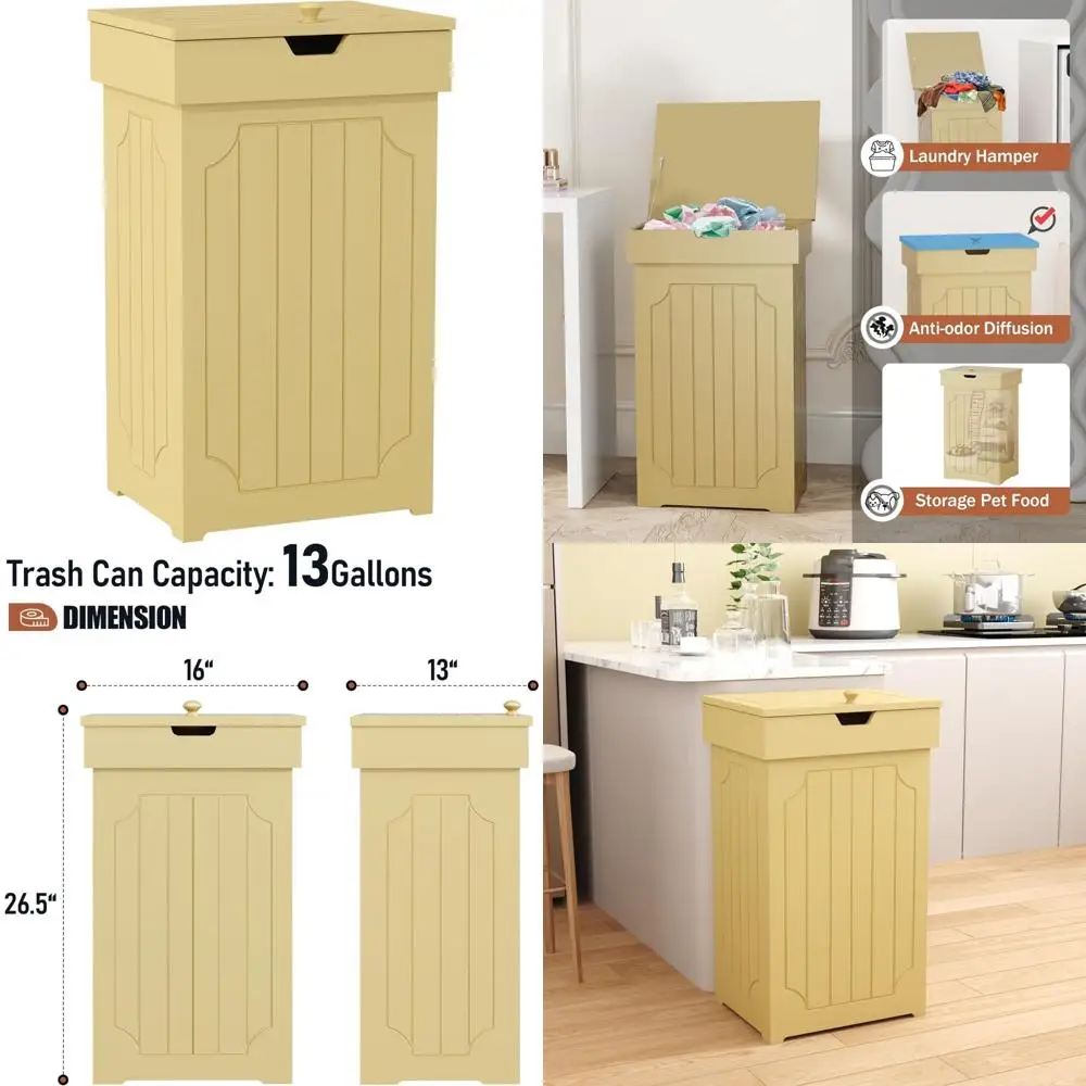 

Stylish 13 Gallon Kitchen Trash Can with Wooden Recycling Bin and Dog-Resistant Design for Home Use