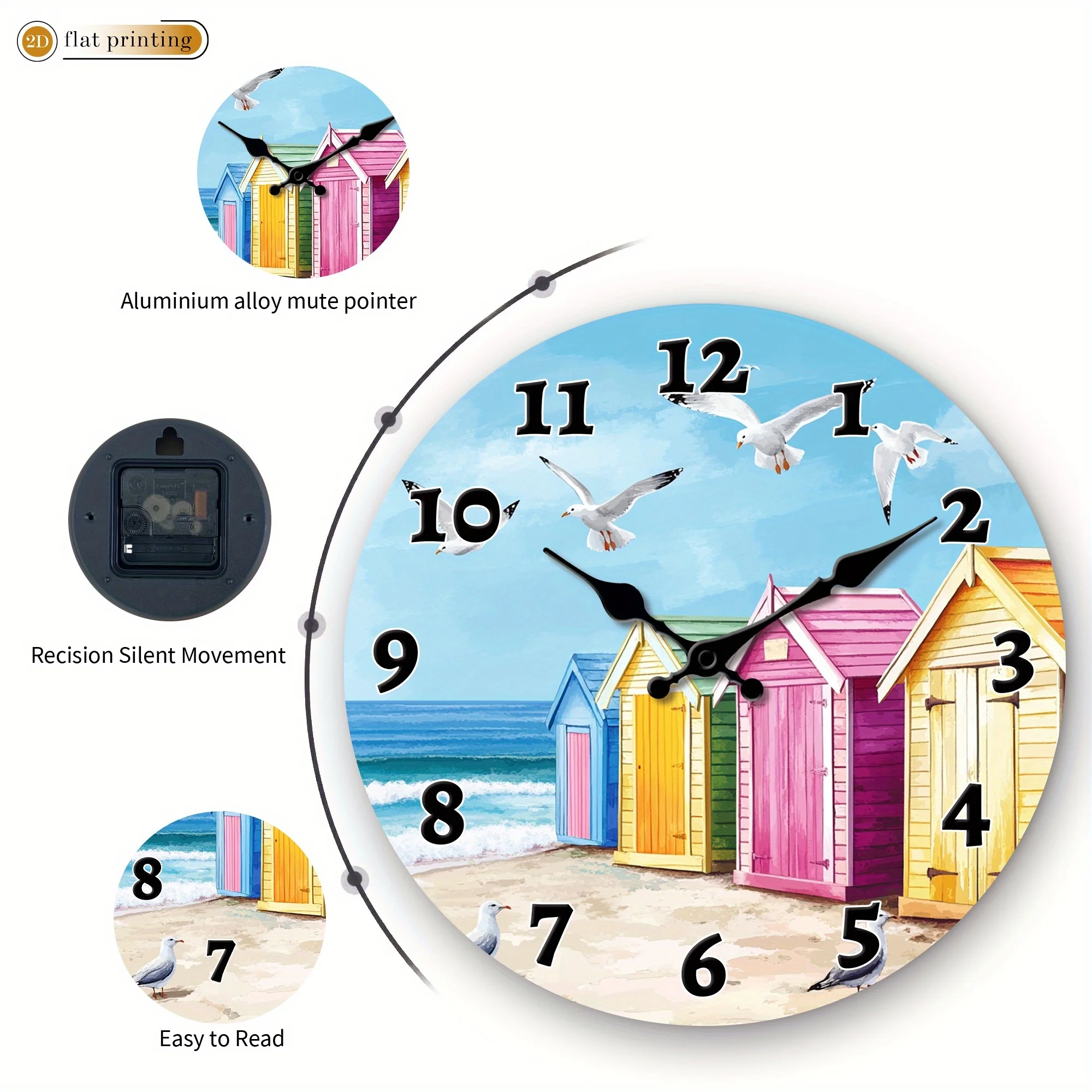 1pc Beach Huts with Seagulls, Wooden Home Wall Clock- 2D Flat Printed Silent Scan Clock, Christmas and Valentine's Day Decorations, Suitable for Restaurant and Kitchen Decoration, The Perfect Birthday and Housewarming Gift, 2D Flat