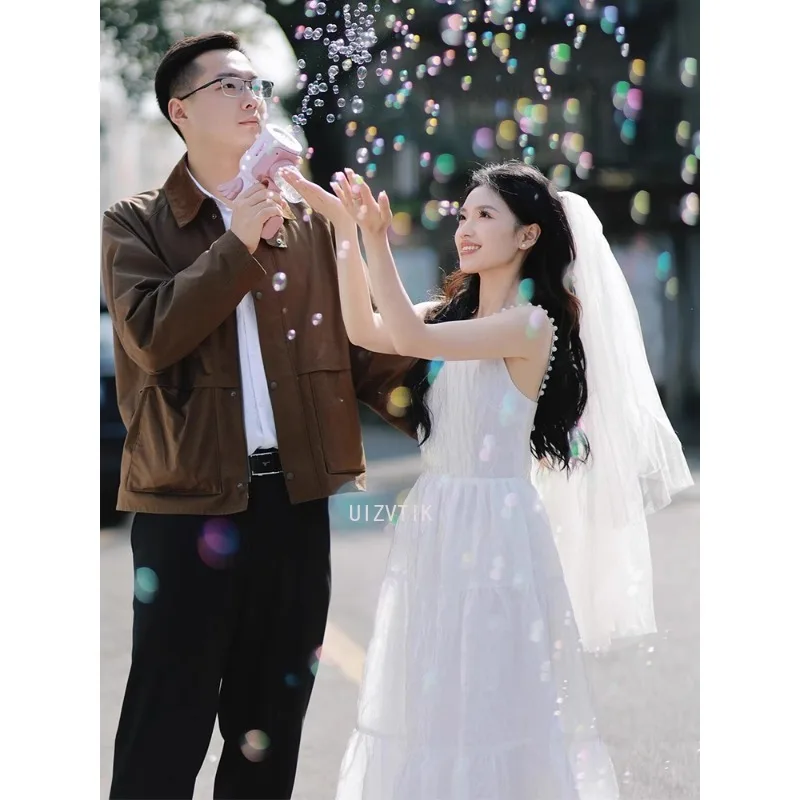 ライトウェディングドレス女性のための気質シンプルな韓国イブニングパーティードレスミディ写真撮影ウェディングドレス Vestidos デノビア