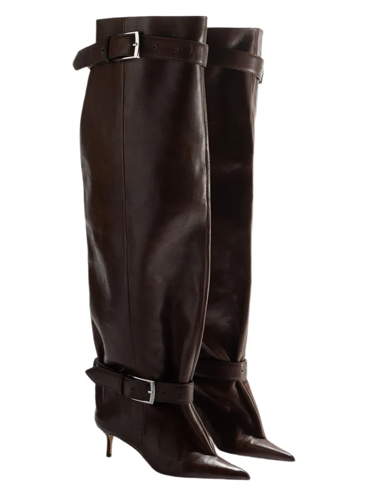 Women's New Pointed Low Heel Thigh Boots with Belt Buckle, Straight Tube, Extra Long, Plus Size, Over The Knee Women's Boots