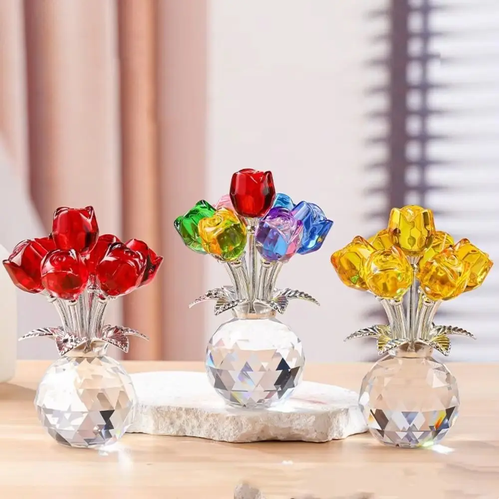 Handmade Crystal Rose Bouquet Simulated Flowers Eternal Bloom Colorful Flowers Figurine Sparkling 7 Flowers