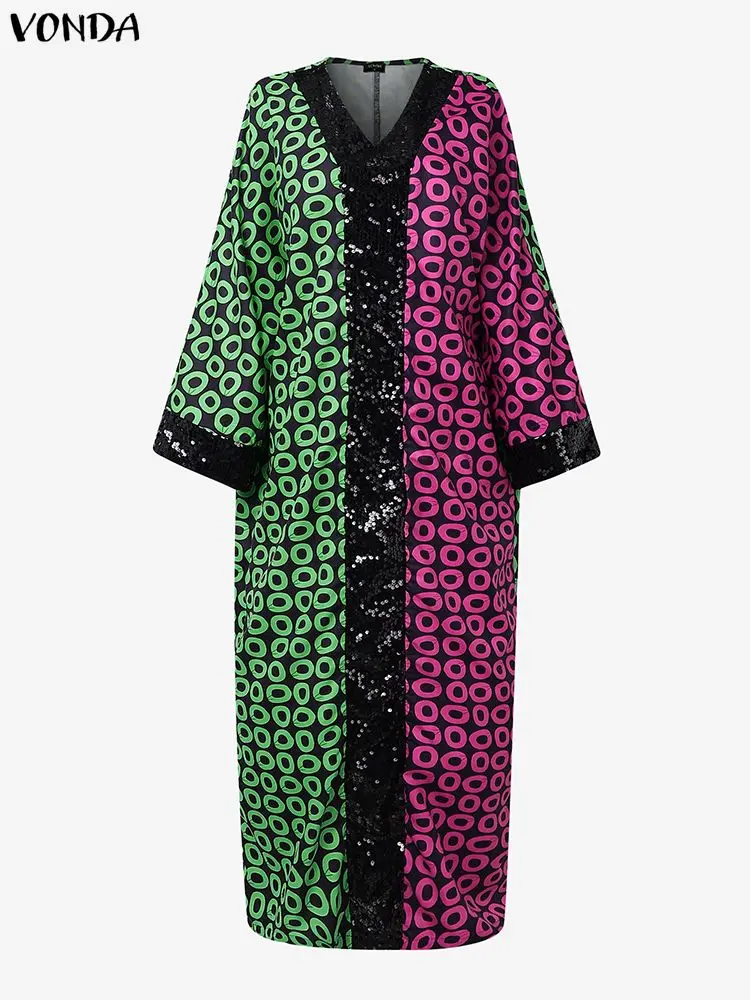 Gaun Maxi Wanita VONDA Ukuran Besar 5XL Lengan Panjang Model V-Neck Motif Bohemian Jubah Panjang 2025 Longgar Retro Kasual Pesta Vestidos