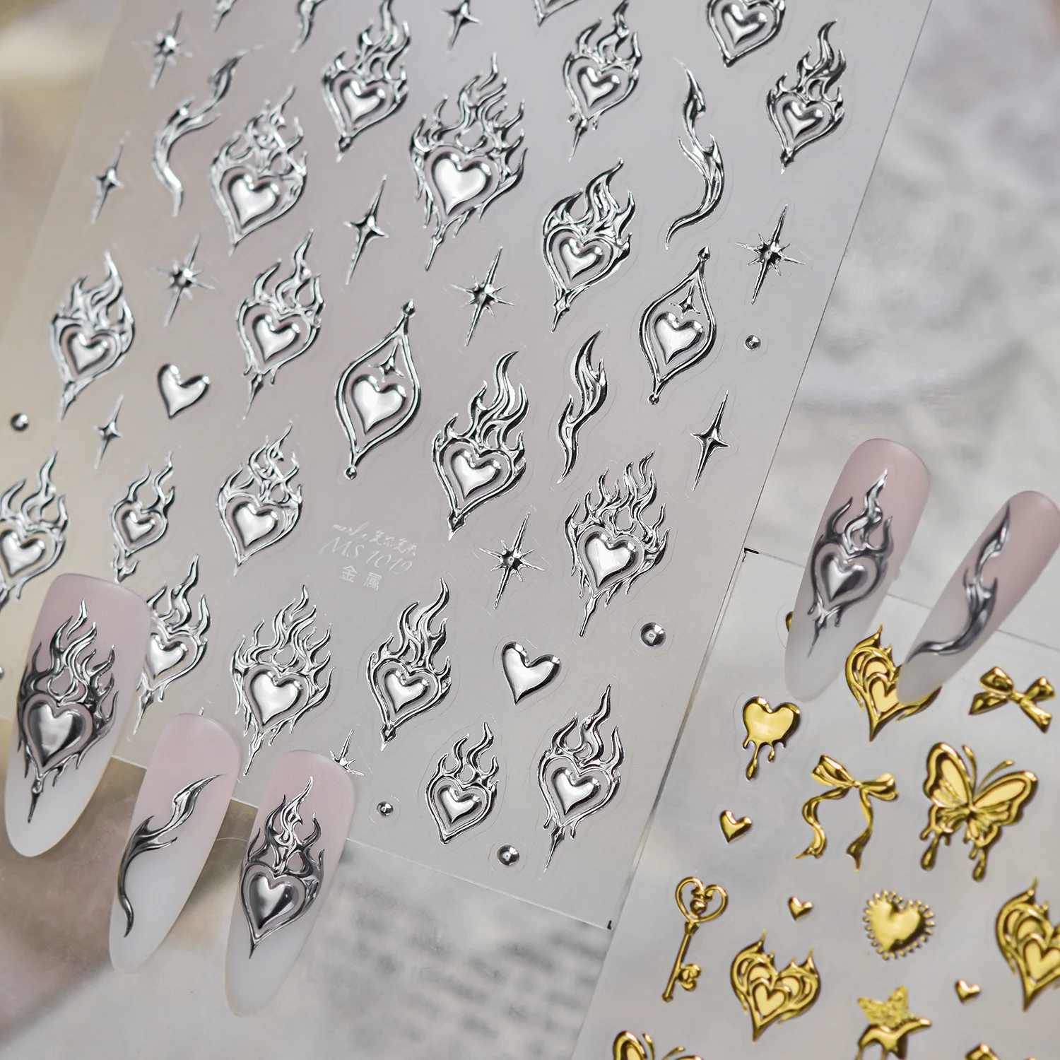 5D Sliver Flame Heart Ribbon Shiny Quad Star Circular Rivet Curve Line Punk Metal Nail Art Stickers Self Adhesive Nail Decals