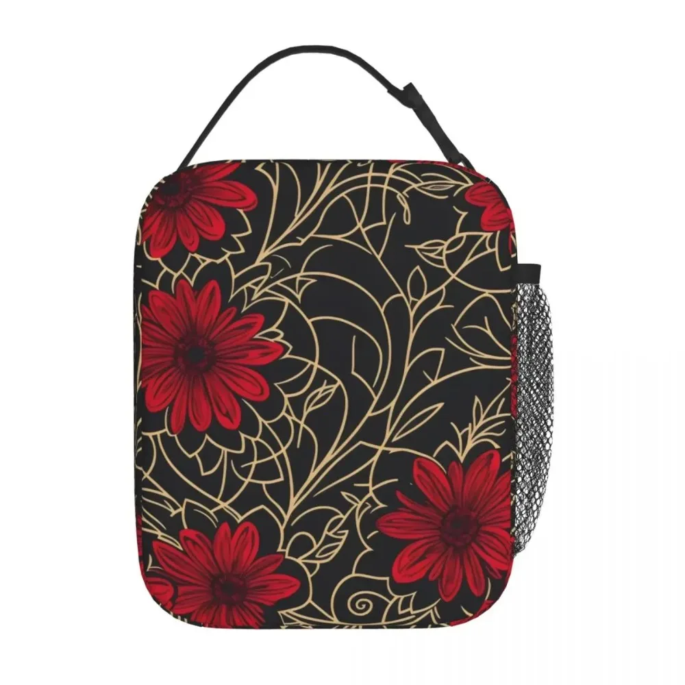 Bolsa de almuerzo con estampado de Flor Retro, fiambrera roja Floral para pícnic al aire libre, bolsas térmicas de diseño para adultos, bolsa refrigeradora portátil Oxford