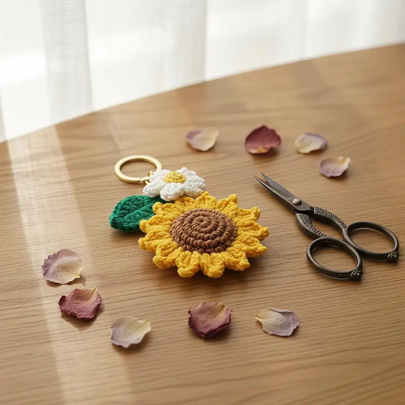 Handgefertigter Häkel-Sonnenblumen-Schlüsselanhänger mit grünem Blatt-Anhänger zur Rucksackdekoration, täglicher Gebrauch, Geschenk für Sonnenblumen-Fans – Detail 1