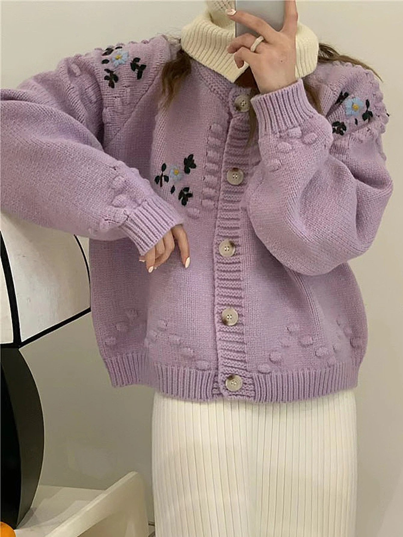 미아 뮤즈 여성용 플로럴 버튼 카디건 긴 소매 라운드 넥 캐주얼 가을 겨울 우아한 일상복