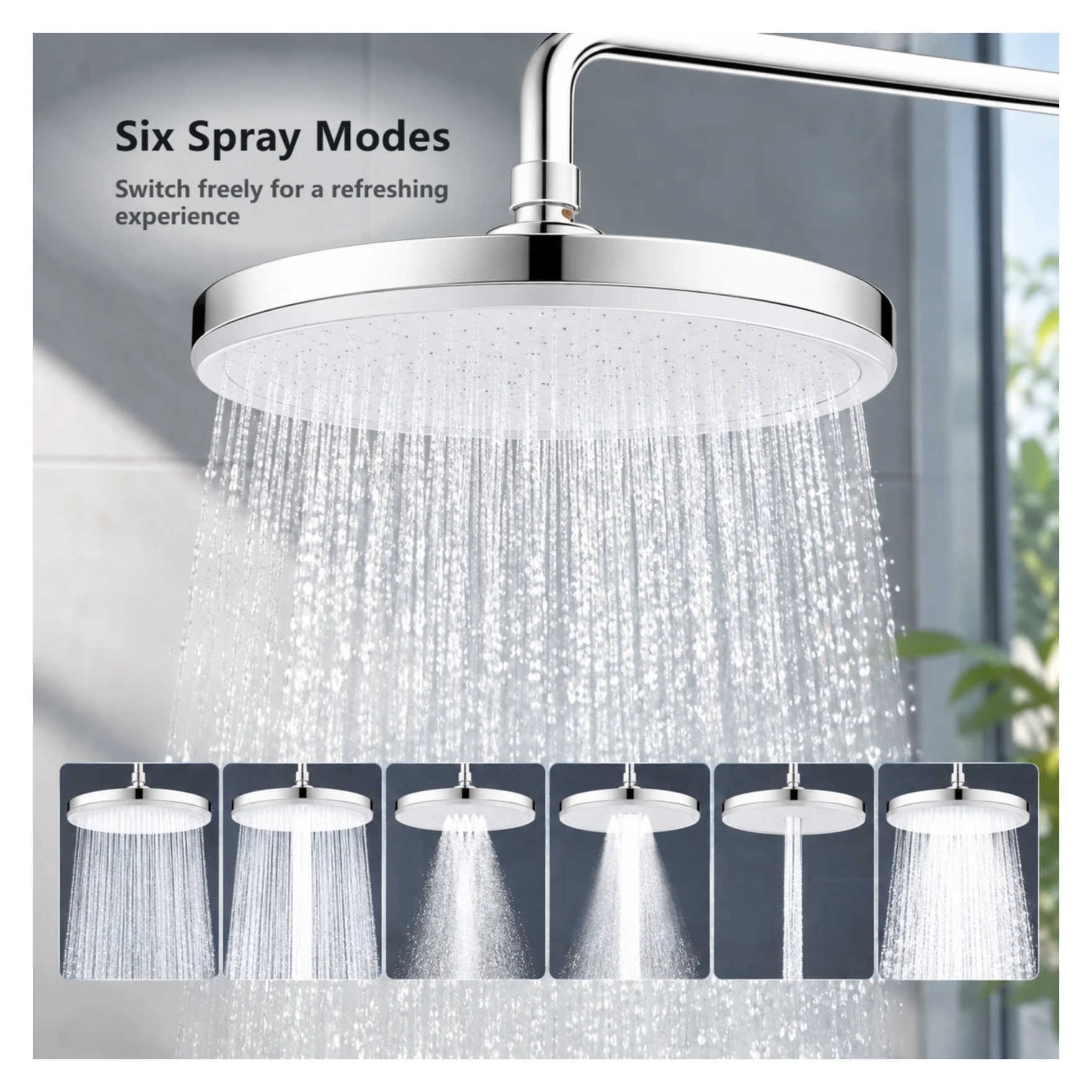 230mm Oversized Round Rain Shower Head 6 Adjustable Spray Modes High Pressure Large Water Flow Bathroom Shower Accessory