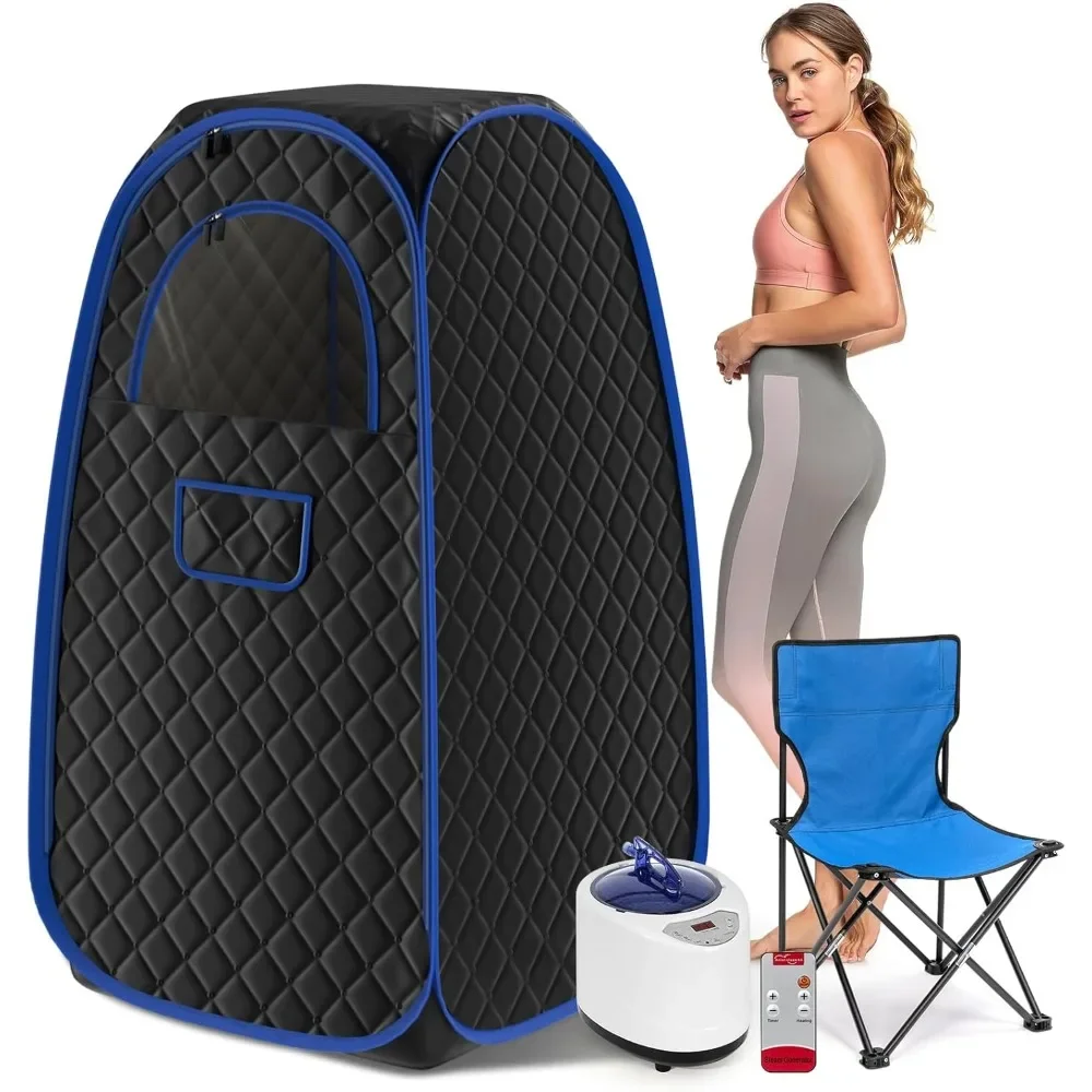 

Home Portable Sauna with 2.6L Steam Engine and Remote Control Folding Chair, Black and Blue Alternating, Sweat Sauna Room