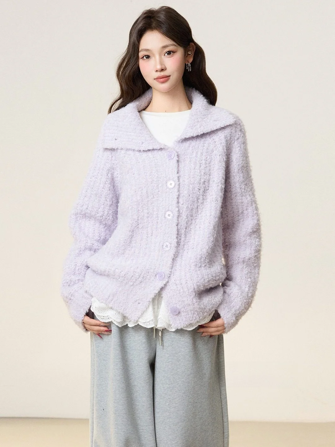

Loose Fit Thiened High Collar Purple Knitted Open Cardigan Women's Winter Sweater Soft Comfortable Lazy Sle New 2025