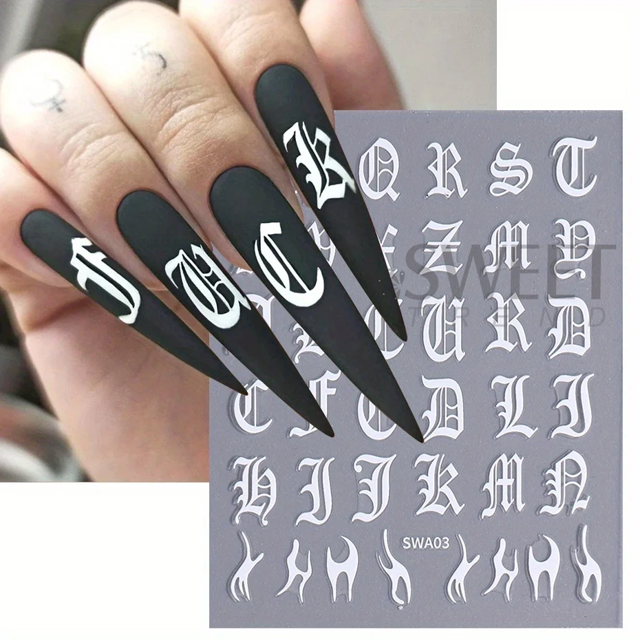 Pegatina para uñas con letras góticas, deslizador adhesivo del alfabeto inglés, diseño moderno, inscripción Y2K, punta decorativa para manicura, color blanco y negro, 2 uds.