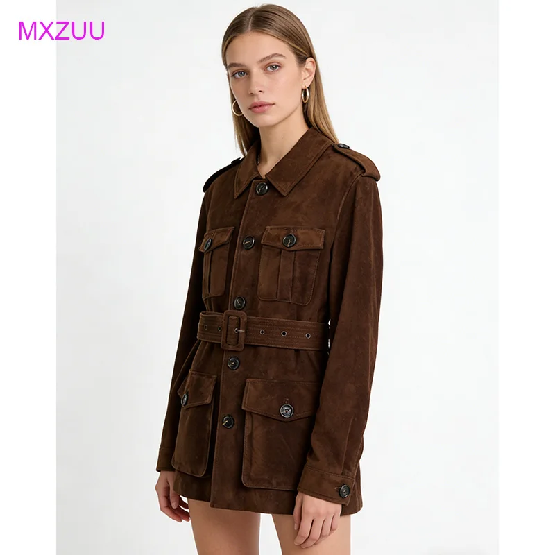 Brown Vintage Kid Suede Leather Jacket for Women Spring Autumn High End Sheepskin Tooling Pockets Belt Old Money Fashion Coat