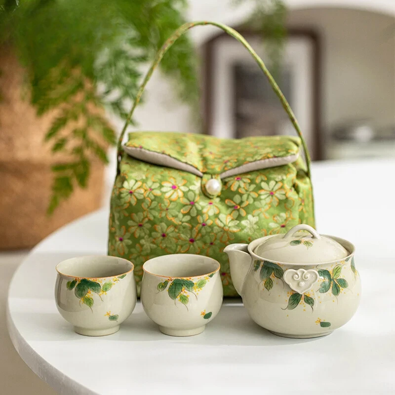 

Hand-painted Osmanthus Travel Tea Set Boutique Hand Grasp Pot Tea Set Kit Antique 1 Pot 2 Cups Tea Maker Tote Bag Ornament Gifts