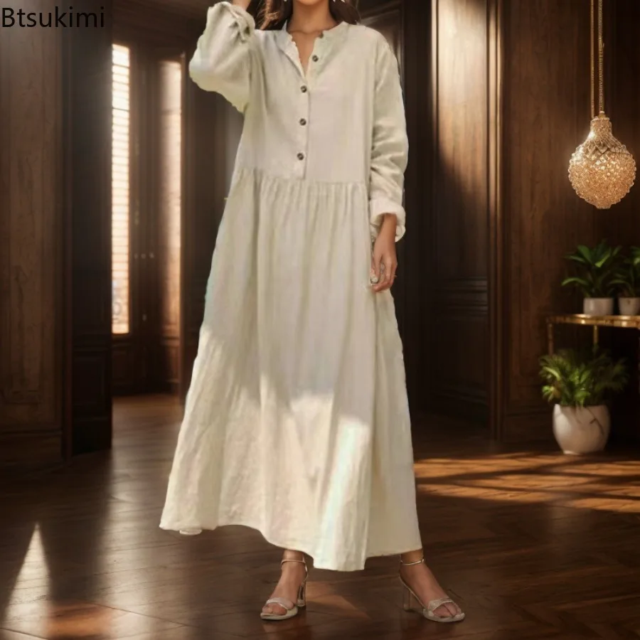 Women\'s Cotton Linen Dress Soft Comfy Maxi Dress Fashion V-neck Casual Solid Robe Women Summer Breathable Beach Holiday Vestidos