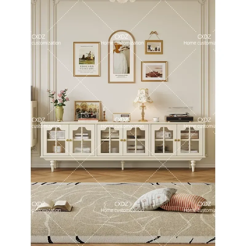 White Solid Wood TV Cabinet Living Room Wall Mounted Storage Unit Floor Standing Locker with Glass Door Cream Style Home