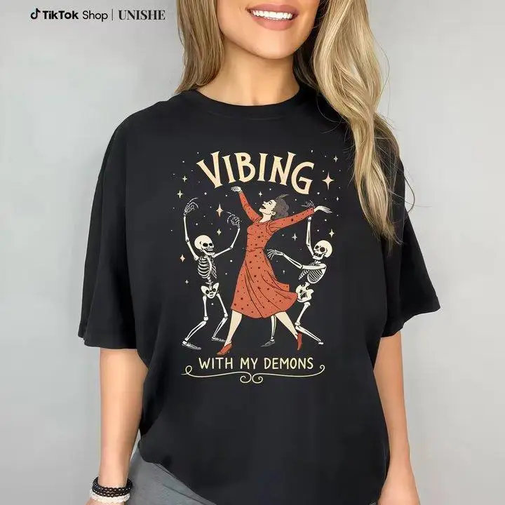 

"Vibing With My Demons T-Shirt for Women | Funny Sarcastic Graphic Tee | Retro Gothic Aesthetic Top | Mental Health Gift"