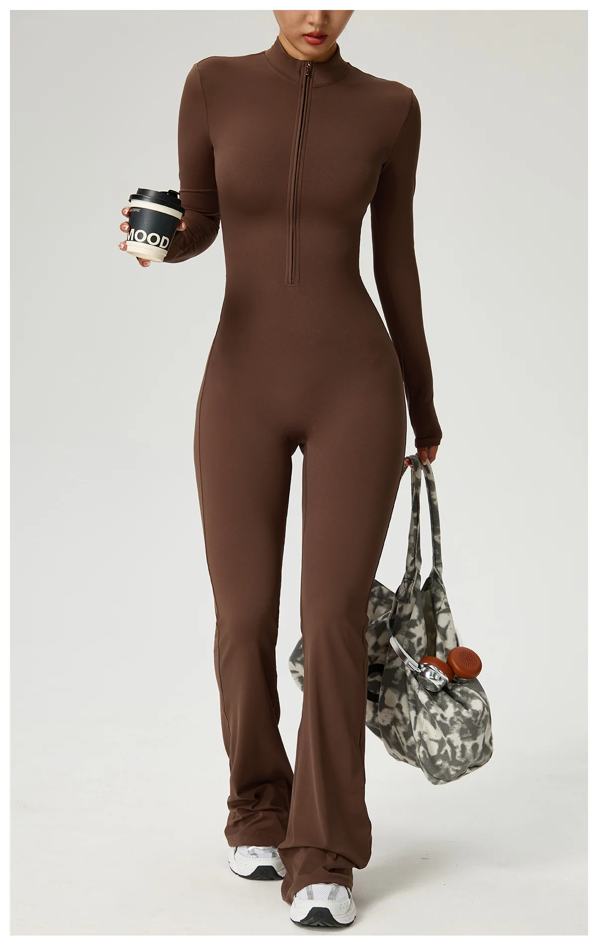 Neuer Reißverschluss-Jumpsuit mit Schlaghose Damenkleidung Sportbekleidung Gym Yoga Sportsets Spandex Nylon Trainingssets Damen Trainingsanzug – Detail 3