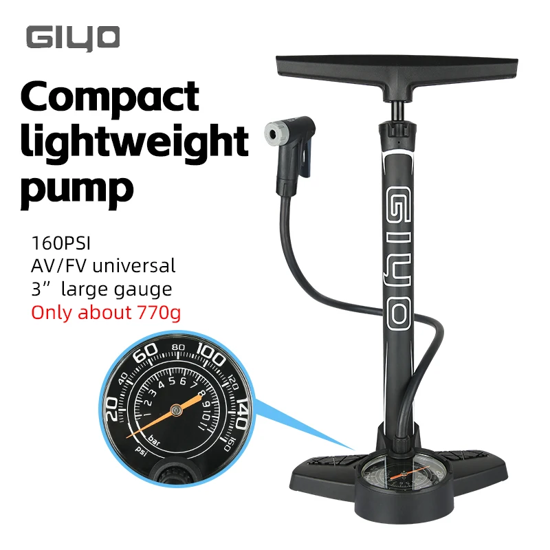 GIYO 160PSI Bicycle Floor Pump MTB Road Bike Manual Air Pump Balloon Presta Schrader Valve Tire Inflator With 3 Inch Guage