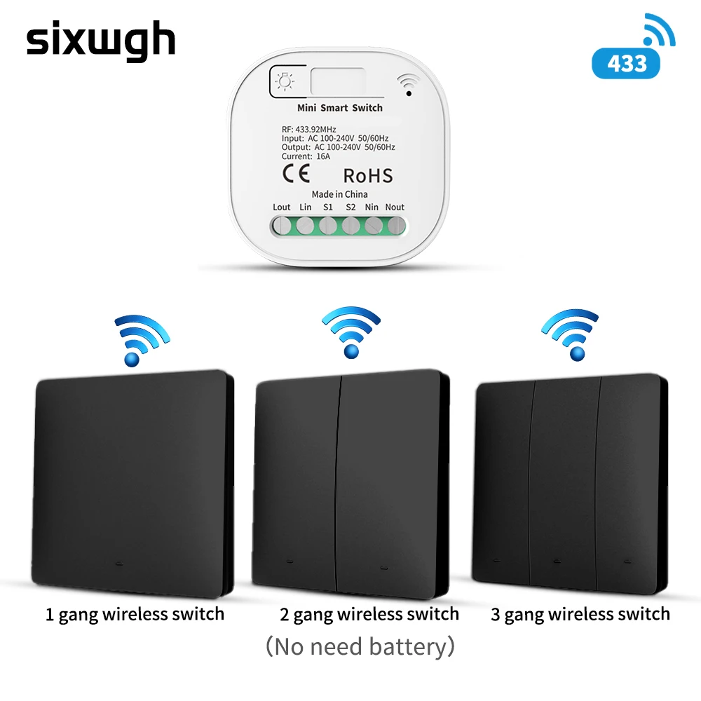 SIXWGH Wireless Intelligent Switch Set 433MHz Self Powered Remote Control Living Room Outdoor Light Switch Wall Installation