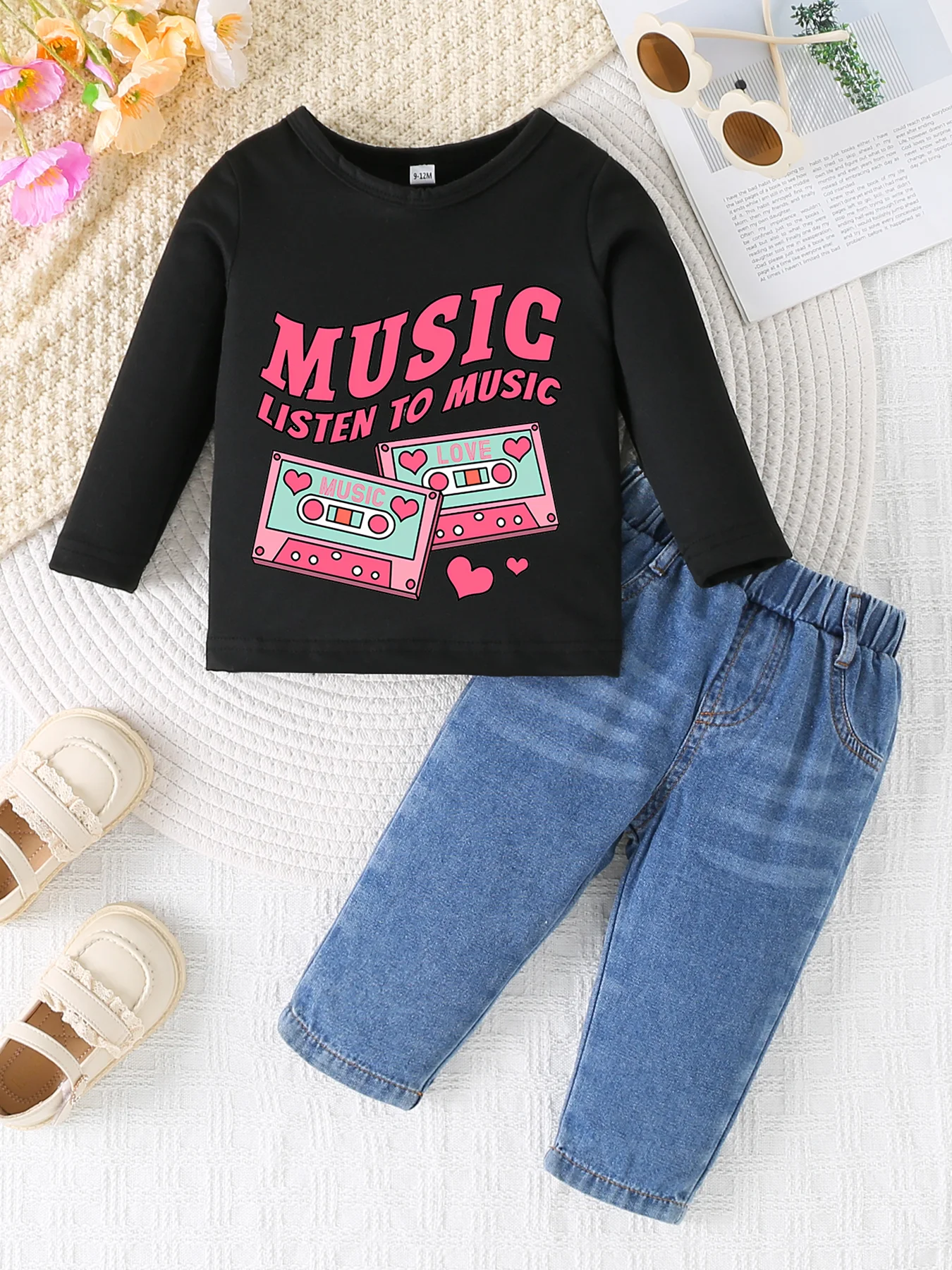 

0-3 year old summer newborn new solid color printed pullover sweater round neck long sleeved T-shirt+denim pants set, suitable f