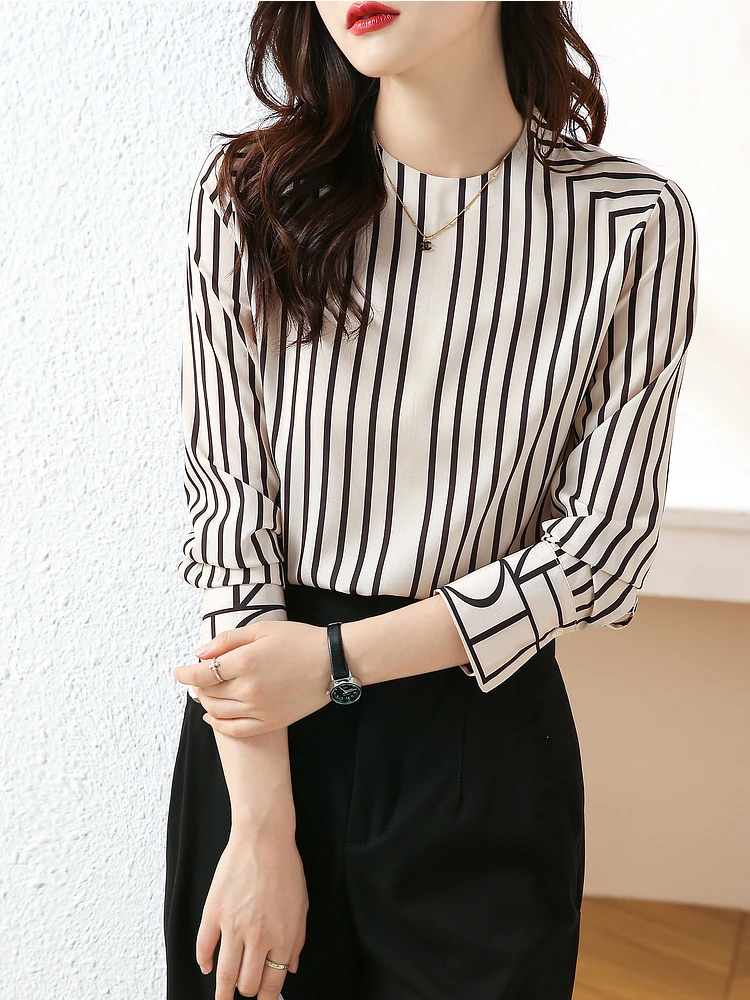 Women\'s Blouses Black White Stripes Top Long Sleeve Autumn Winter Clothes Silk Shirt Commuter Style Overshirt Design Sense 2023