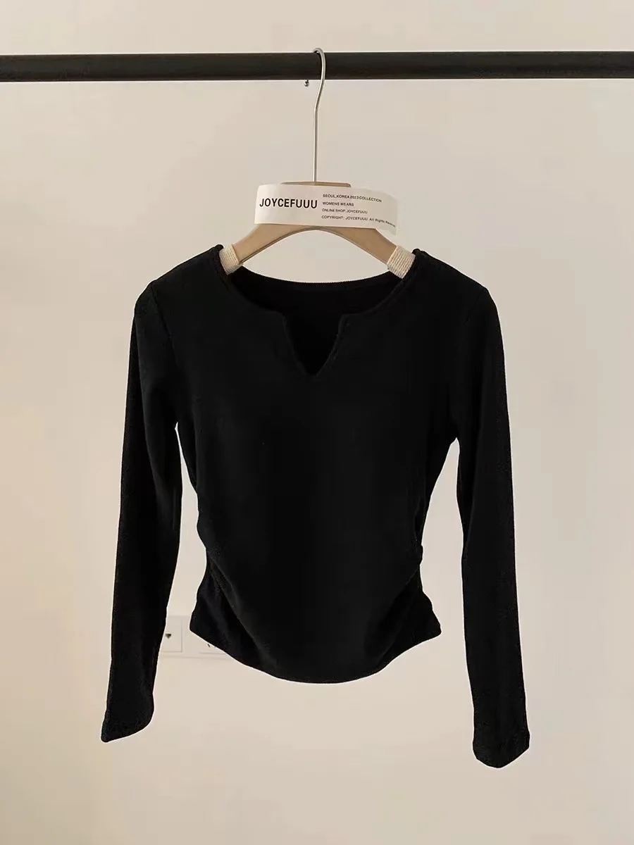 Women's Fleece-Lined Blouse - 2025 Style, Long Sleeve, Waist-Cinching V-Neck, with Padding, Slimming Fit, Versatile Base Layer