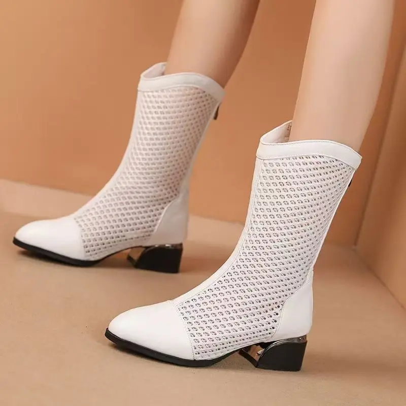 Women Genuine Leather Big Size High Top Mesh Boots Summer New Soft sole Non Slip Breathable High Quality Block Heel Cool Boots