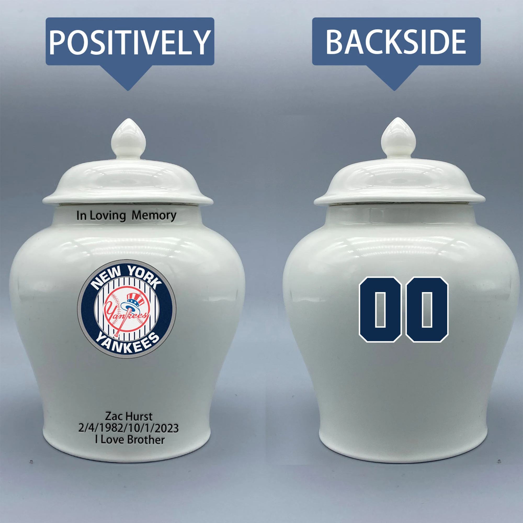 

Medium Urn for New York Yankees-themed Logo Urn.Please send me the customize information-name/date and number on the urn