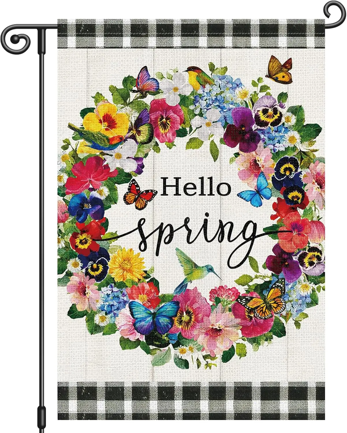 Louise Maelys Hello Spring Garden Flag Pansy Flower Butterfly Double Sided 12x18 Inch Floral Plaid Seasonal Welcome Small Bu AAS
