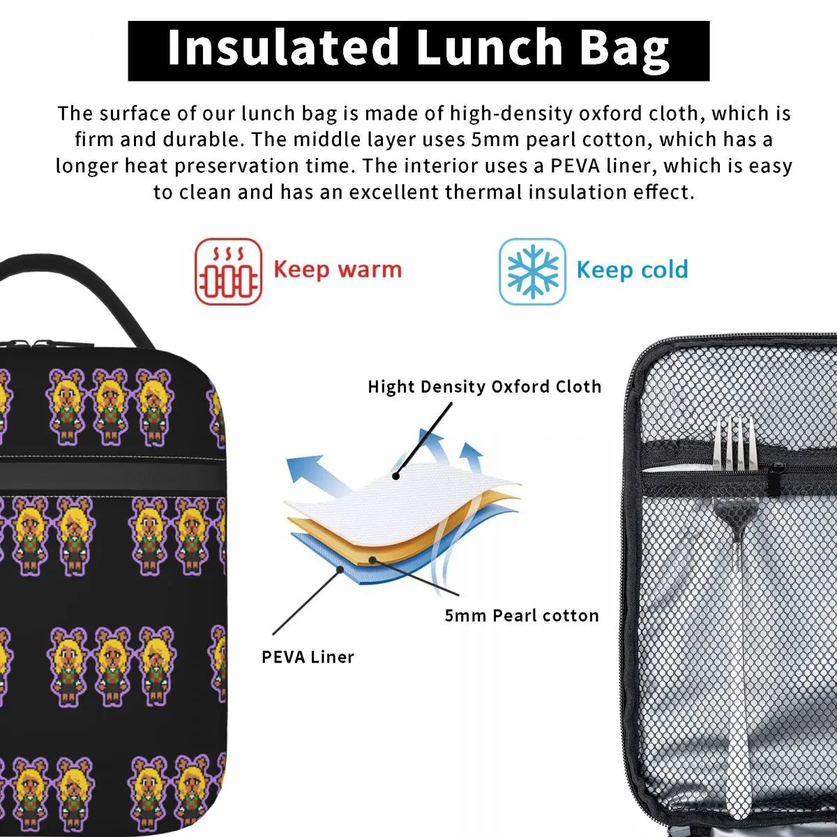 Deltarune Noelle Is Trans Borsa per il pranzo Divertente scatola per il pranzo per uomo Borsa termica portatile da picnic Borse per il pranzo termiche con stampa Oxford