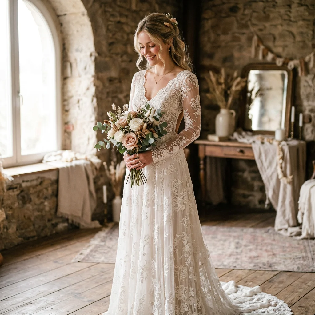 Bohemian V Neck Long Sleeve Lace A Line Wedding Dress Low Back Rustic Bridal Gown