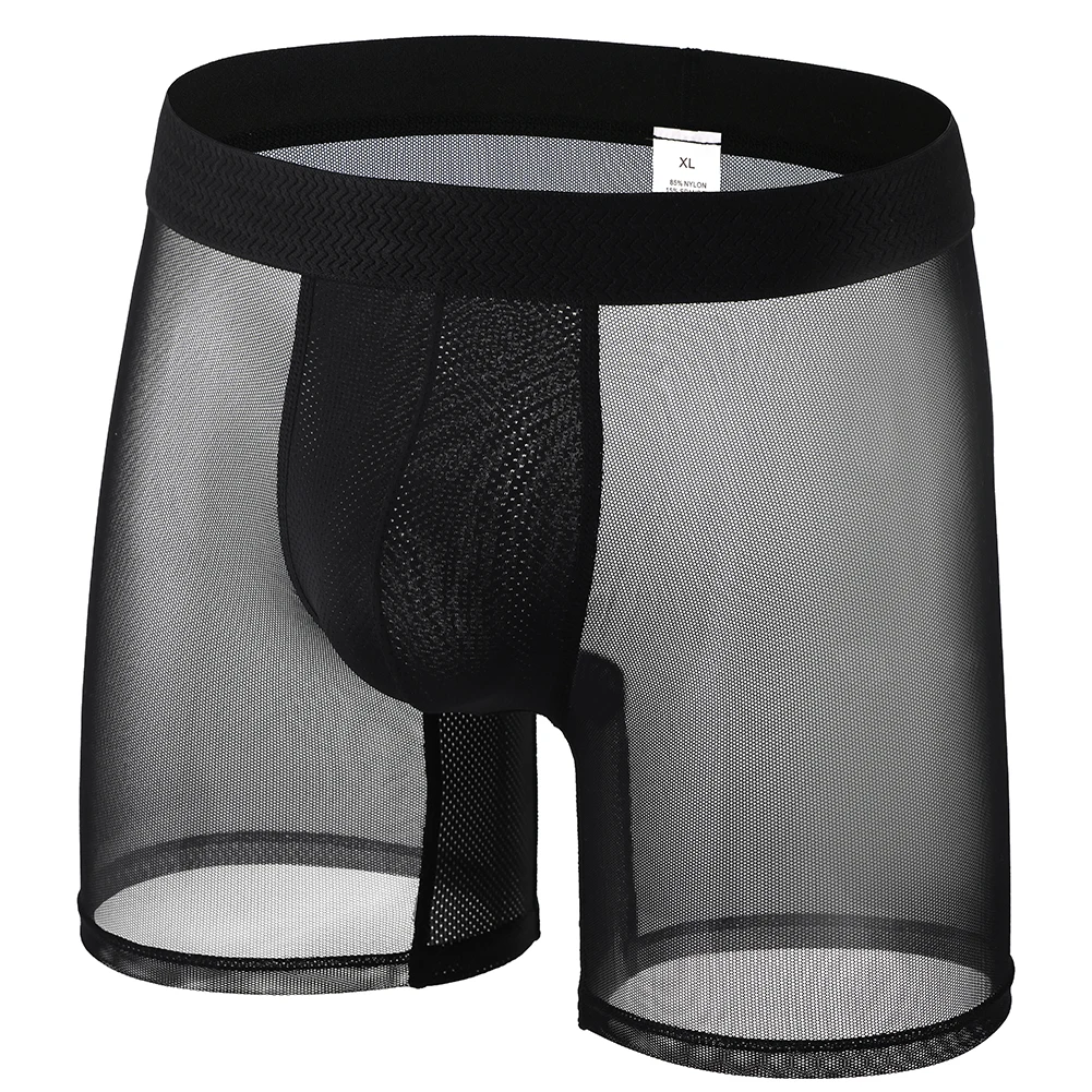 Quick Drying Men Sheer Mesh Long Leg Boxers Shorts Sports Middle Rise XL-5XL Size Underwear Boxer Solid Color