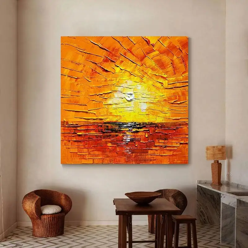 Customizable Original Handpainted Thick Texture Abstract Oil Painting in Sunrise Orange-red, Suitable for Living Room Decoration