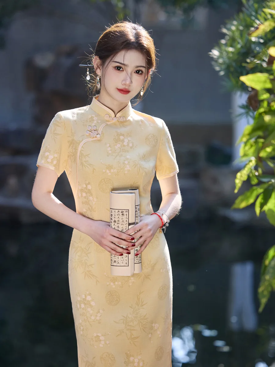 Yourqipao 2025 printemps et été nouveau Style bambou lin Jacquard en relief mi-long chinois Cheongsam pour les filles