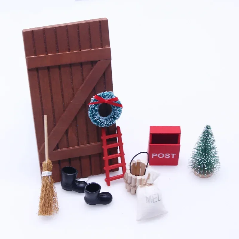 Doll House Elf Door Set Christmas Decor Fake Light String Hat Wreath Mini Tree Gift Boxes Fairy Toy House Miniature Scene Model