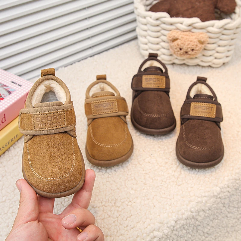 

Boys Girls Flat Shoes Retro Suede Warm Kids Leather Shoes Round Toes 2025 Winter New Baby Walking Shoes Casual Soft Hook&loop