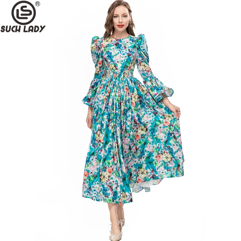 

Women's Runway Dresses Long Sleeves Flare Sleeves Printed Floral Elastic Waist Elegant Party Vestidos