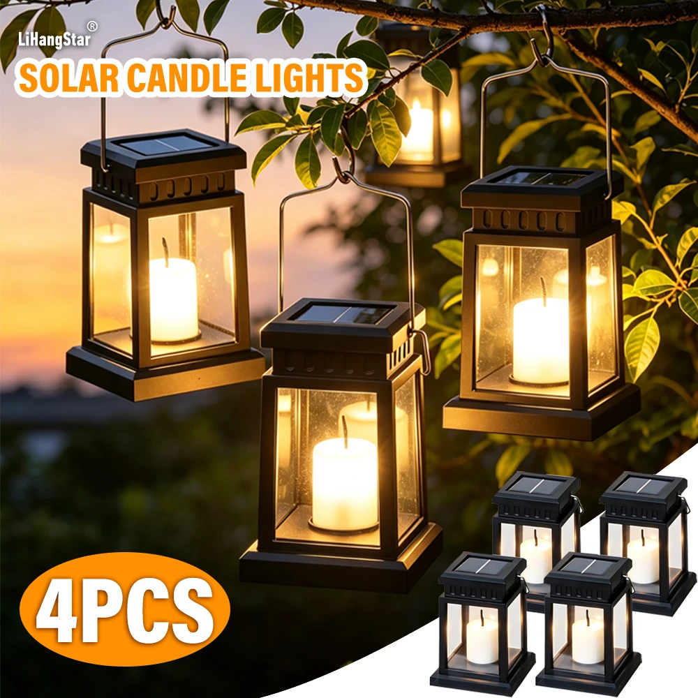 LiHangStar, set di 4 luci a candela solari, luci decorative da appendere per esterni, luci a candela elettroniche a LED, lanterne in stile vintage, luci per creare atmosfera in giardino, su balcone e