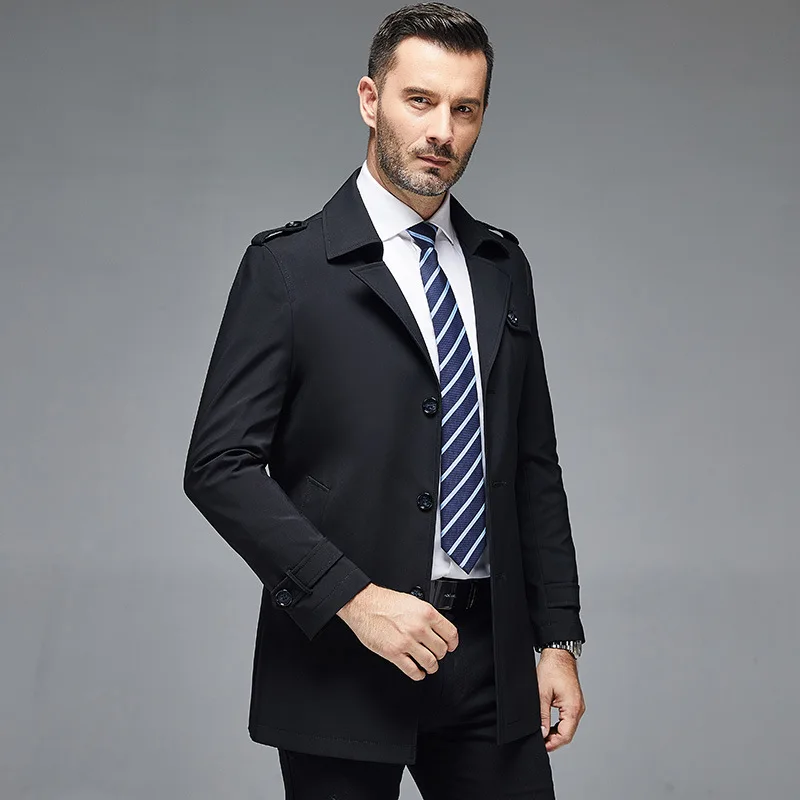 

America Europe Men's Fashion Trench Coat Trend Long Jacket Business Casual Daily Black Khaki Bomber Long Sleeve Windbreaker