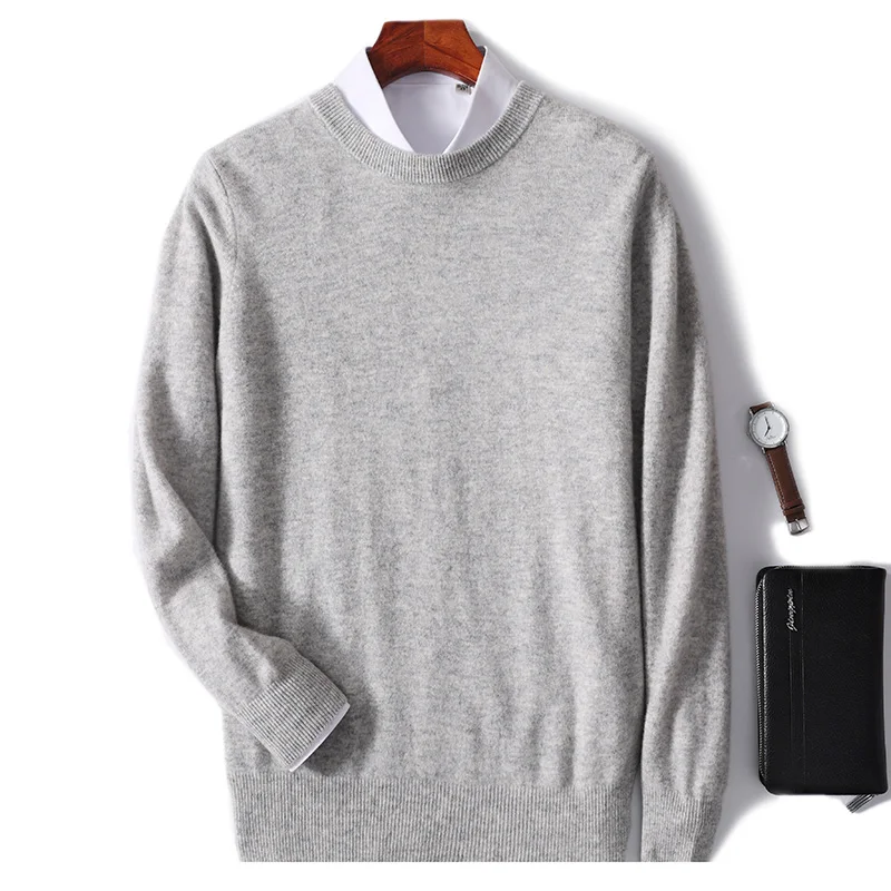 100% Pure Wool Men\'s O-Neck Pullover Solid Large Size Loose Casual Sweater Spring and Autumn Can Be Outdoor Cashmere Sweater