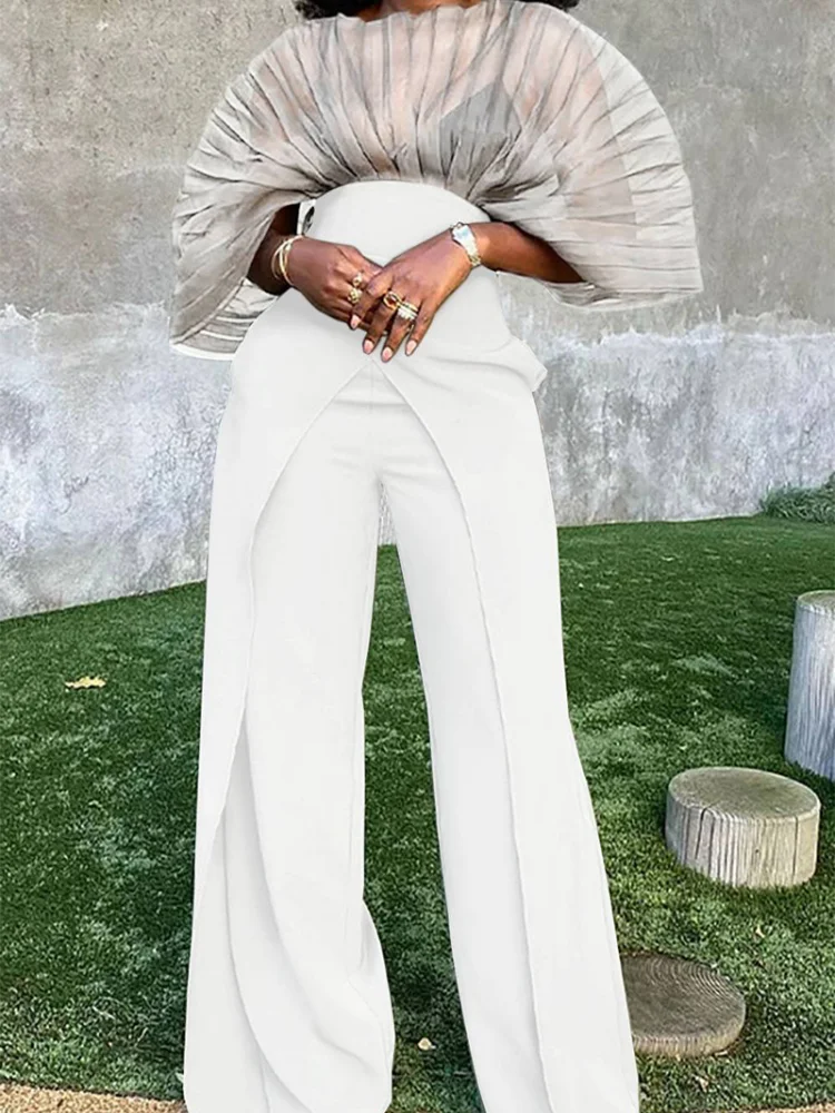 Women 2 Piece Outfit Pleated Sheer Cape Top High Waist Split Flare Pants Formal Party Matching Set