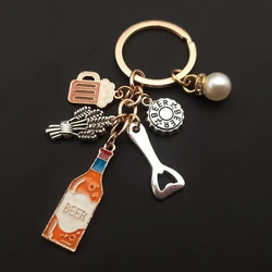 Charm enamel beer keychain bottle opener wine glass keychain bar keychain, cute and interesting beer pearl keychain