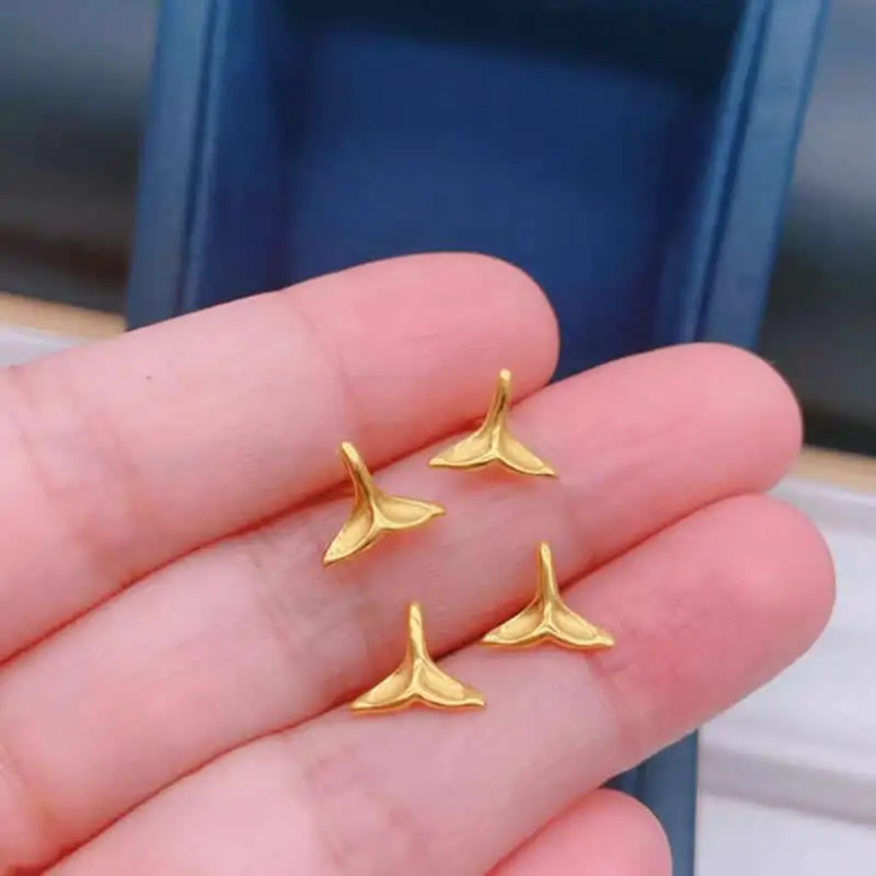 New 24K Yellow Gold Earrings Women 999 Gold Fish tail Stud Earrings