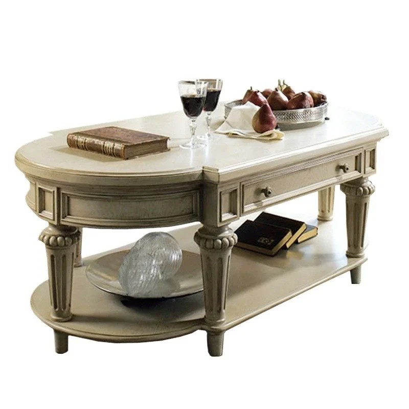 

Solid wood American white old oval coffee table, carved retro drawer storage tea table