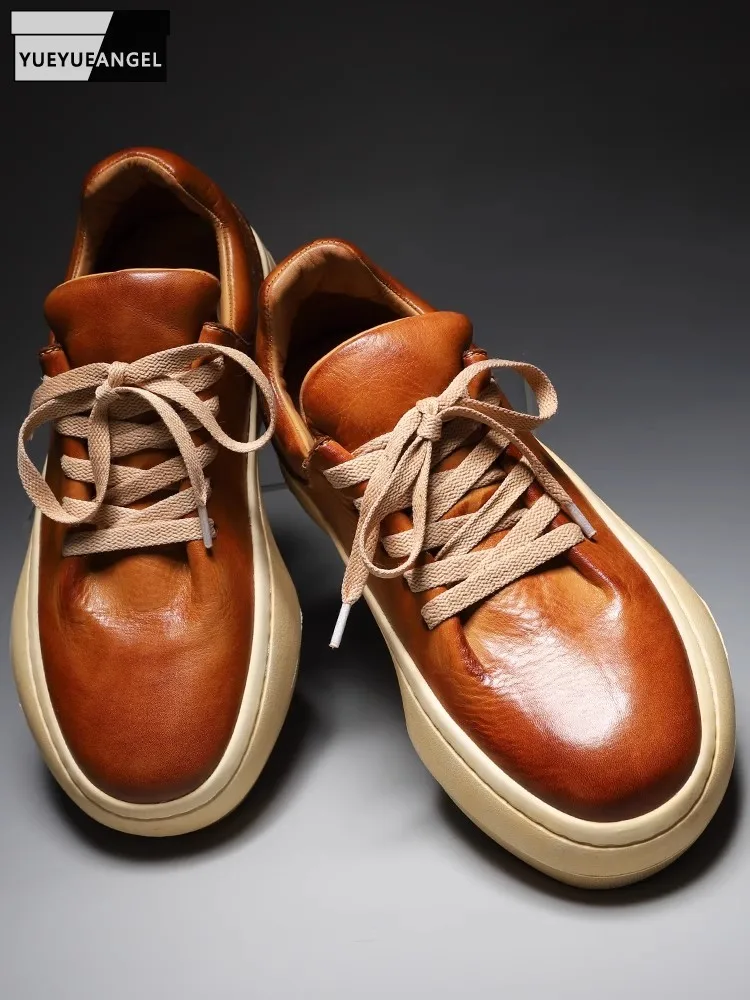 Vintage Mens Cowhide Genuine Leather Thick Platform Shoes Lace Up Low Cut Casual Sneakers Fashion New Trainers Skateboard Shoes