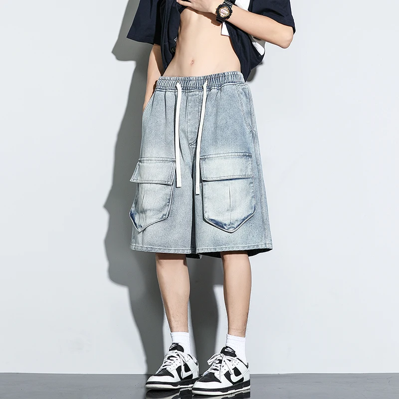 

Мужские джинсовые шорты-бермуды, новые летние модные свободные джинсы, повседневные винтажные шорты-карго на шнурке, мужская уличная одежда